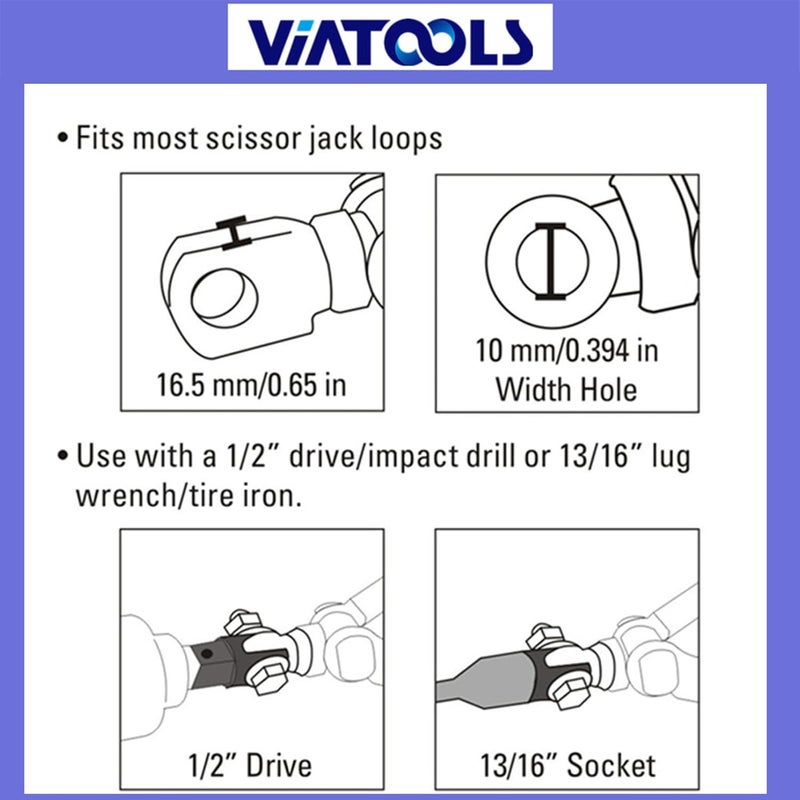 VIATOOLS 1/2" Scissor Jack Adapter for Use with 1/2 Inch Drive/Impact Drills/Ratchet or Standard Drive Sockets or 13/16 Inch Lug Wrench (2 Pcs Set Black) - Image 4
